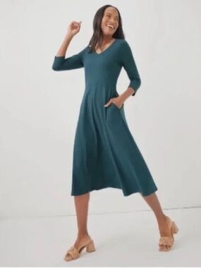Pact Fit and Flare Party Midi Dress in Green/blue size small organic cotton NWOT